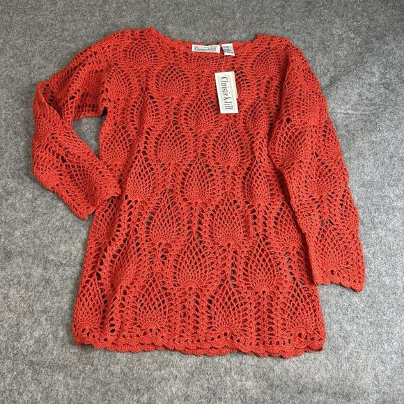 Vintage Christie & Jill Sweater Womens Small Crochet Open Knit Orange Boho - Picture 1 of 7